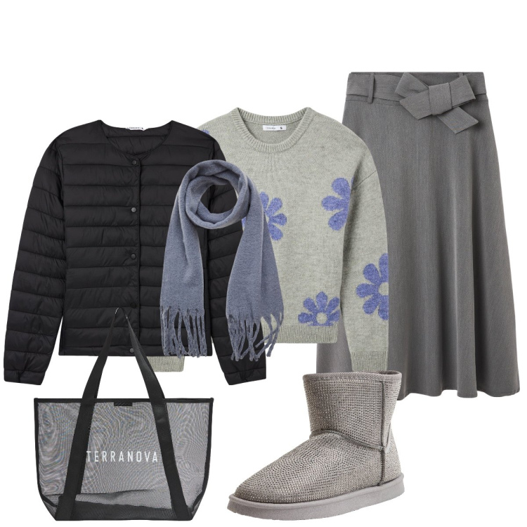 Outfit donna - In città. Stile Minimal per Tutti i giorni. Abbinamento con stivali, gonne lunghe, maglieria, sciarpe, shopping bag, piumini.