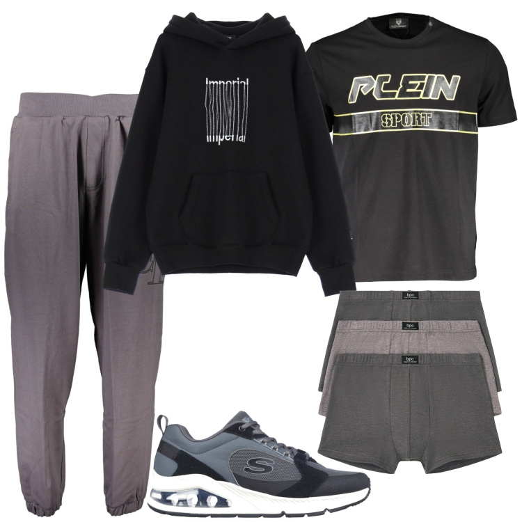 Outfit uomo - Relax a casa. Stile Casual per Tutti i giorni. Abbinamento con boxer, felpe con cappuccio, sneakers, t-shirt, pantaloni.