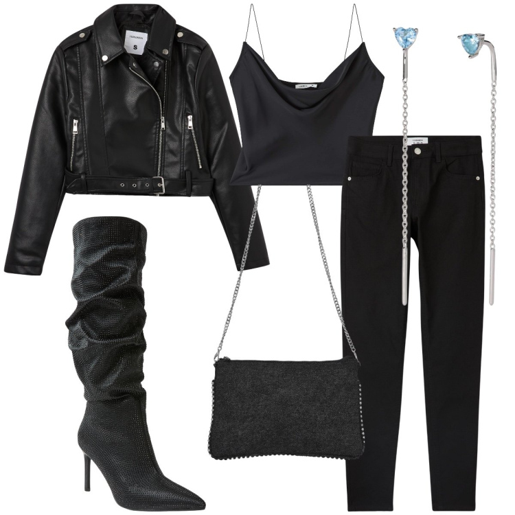 Outfit donna - Total look #2032914. Stile Rock per Serata fuori. Abbinamento con pantaloni skinny, giacche, top, stivali, borse a tracolla, orecchini.