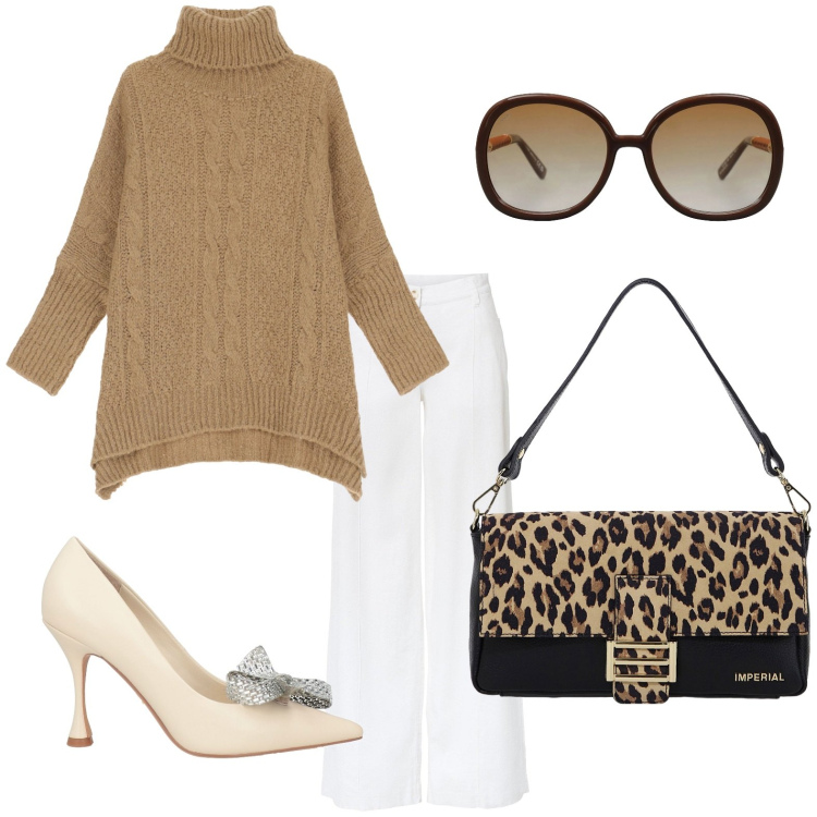 Outfit donna - Riunione di famiglia. Stile Bon Ton per Serata fuori. Abbinamento con pantaloni a palazzo, décolleté, occhiali da sole, maglieria, borse a spalla.