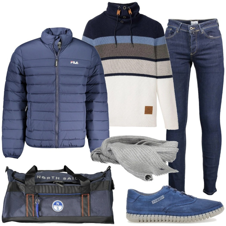 Outfit uomo - In viaggio. Stile Urban per Tutti i giorni. Abbinamento con maglieria, scarpe stringate, sciarpe, jeans slim fit, giacche, borse sportive.