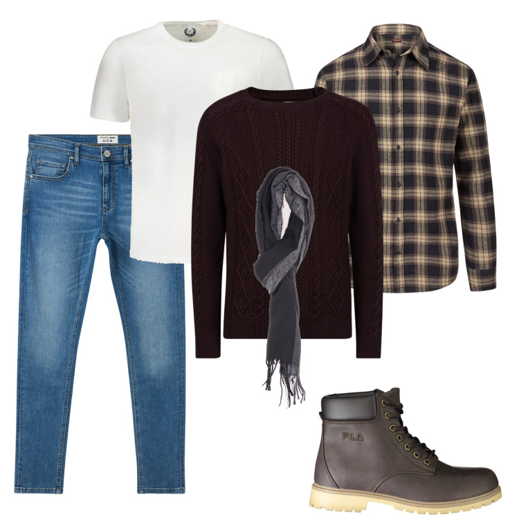 Outfit uomo - Tutto saldi. Stile Trendy per Tutti i giorni. Abbinamento con jeans slim fit, sciarpe, maglieria, t-shirt, stivali, camicie.