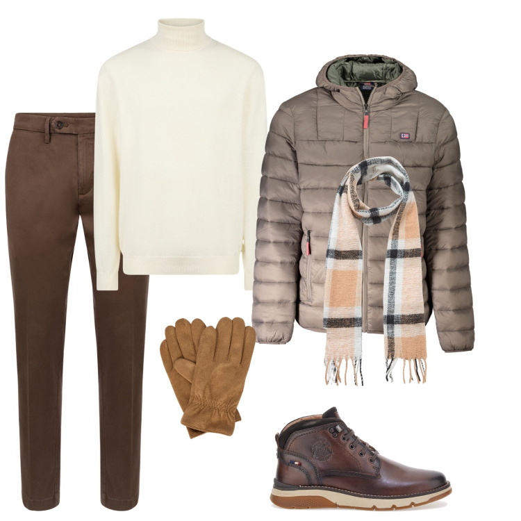 Outfit uomo - Il freddo di Gennaio. Stile Casual per Tutti i giorni. Abbinamento con sciarpe, pantaloni chino, maglieria, scarpe stringate, giacche, guanti.