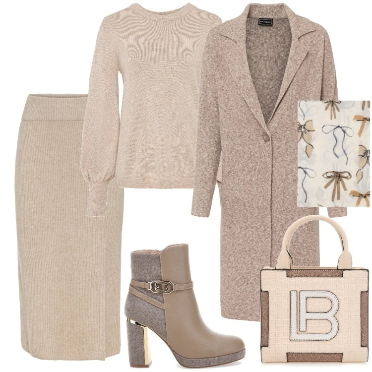 Outfit donna - L\'eleganza del ton sur ton. Stile Chic per Ufficio. Abbinamento con cappotti, maglieria, gonne, sciarpe, stivaletti, borse a spalla.