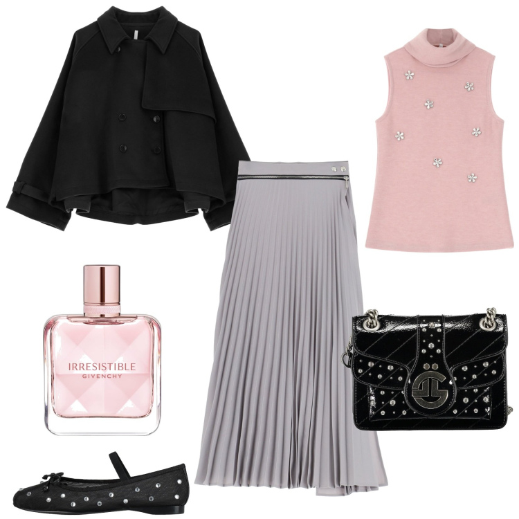 Outfit donna - Saldi Imperial: a cena con le amiche. Stile Glamour per Serata fuori. Abbinamento con ballerine, profumi, gonne, maglieria, caban, borse a tracolla.