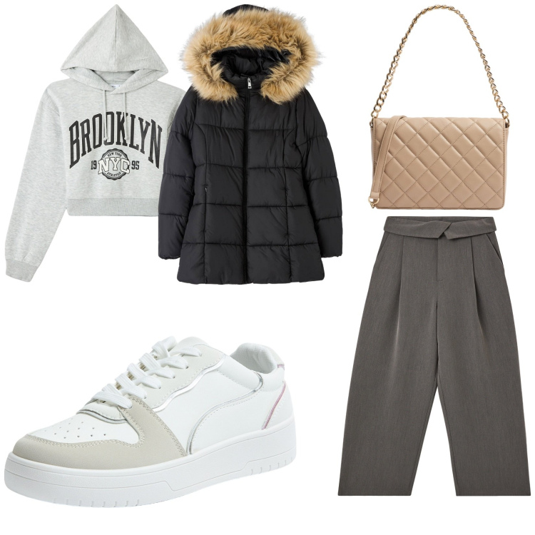 Outfit donna - Total look #2032935. Abbinamento con pantaloni, sneakers, piumini, borse a tracolla, felpe con cappuccio.