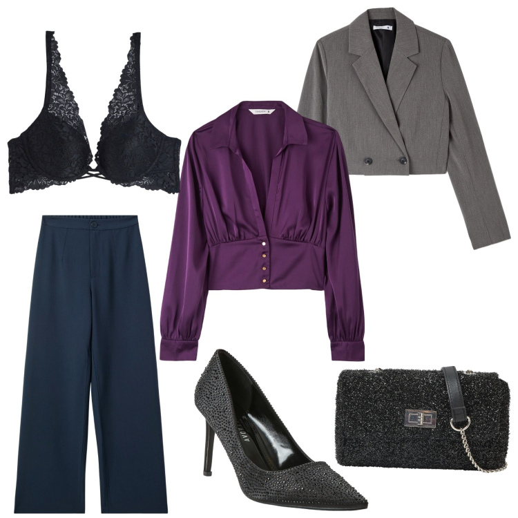 Outfit donna - Eleganza chic. Stile Chic per Serata fuori. Abbinamento con borse a tracolla, décolleté, bluse, pantaloni, reggiseni, blazer.