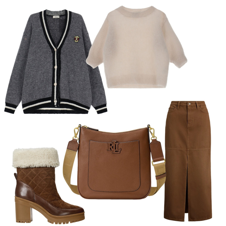 Outfit donna - Total look #2032938. Abbinamento con borse a tracolla, stivaletti, gonne, cardigans, maglieria.
