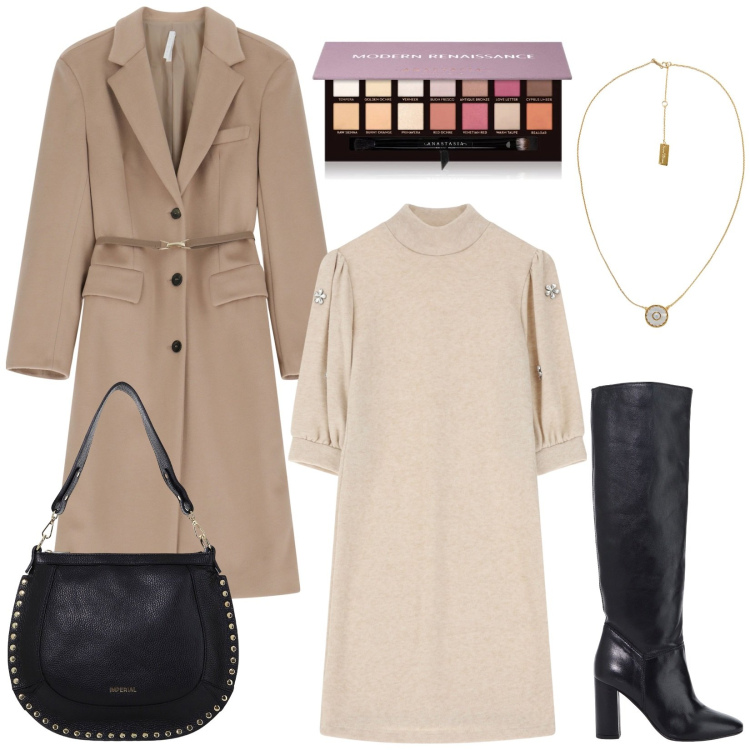 Outfit donna - Saldi Imperial: in ufficio. Stile Bon Ton per Ufficio. Abbinamento con collane, ombretti, vestiti corti, cappotti, borse a spalla, stivali.