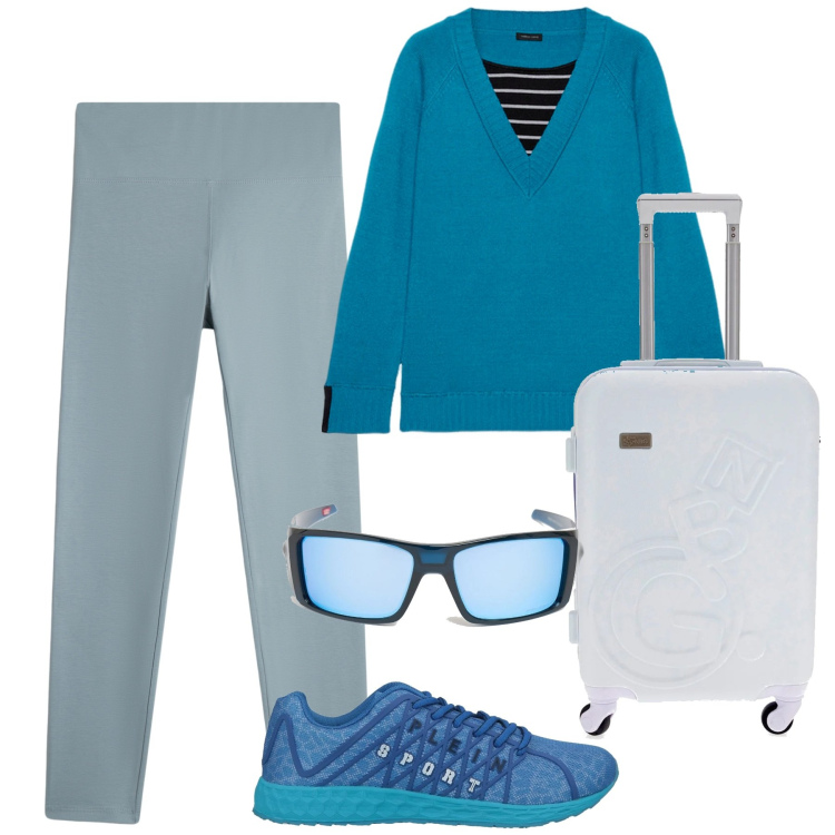 Outfit donna - In viaggio. Stile Basic per Tutti i giorni. Abbinamento con sneakers, leggings, maglieria, occhiali da sole, valigie.