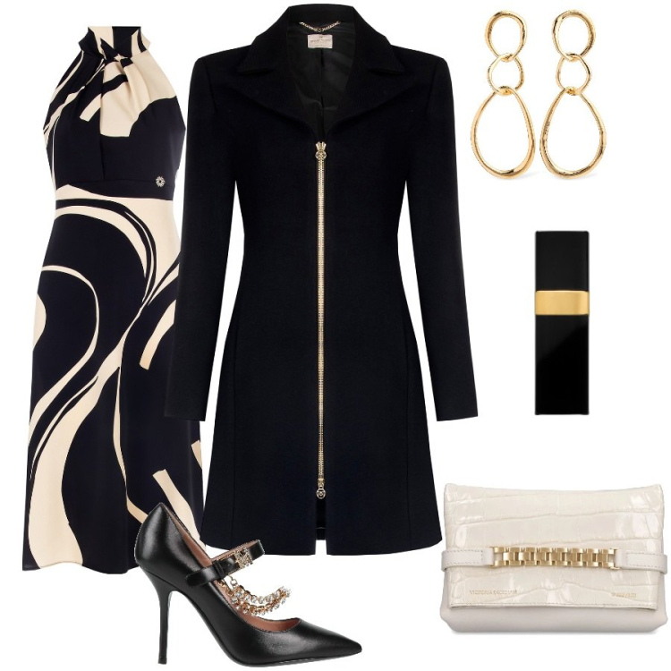 Outfit donna - Wedding day. Stile Chic per Cerimonia. Abbinamento con décolleté, profumi, cappotti, vestiti midi/longuette, pochette, orecchini.