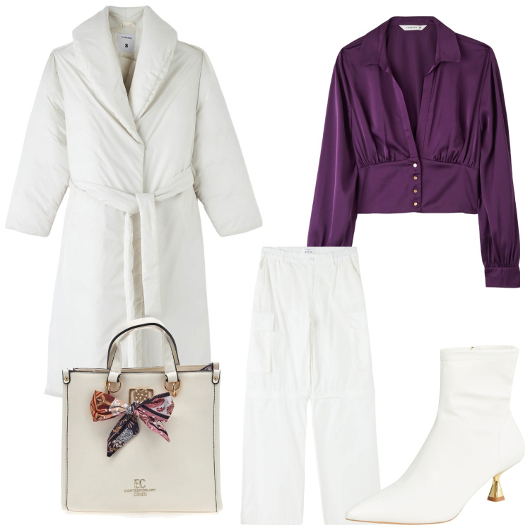 Outfit donna - Un tocco di viola. Stile Casual chic per Serata fuori. Abbinamento con stivaletti, pantaloni cargo, bluse, piumini, borse a mano.