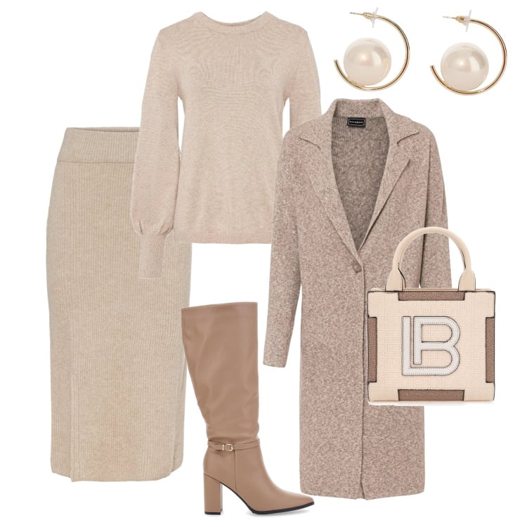 Outfit donna - Total maglia mélange H24. Stile Glamour per Tutti i giorni. Abbinamento con maglieria, gonne, cappotti, orecchini, stivali, borse a spalla.