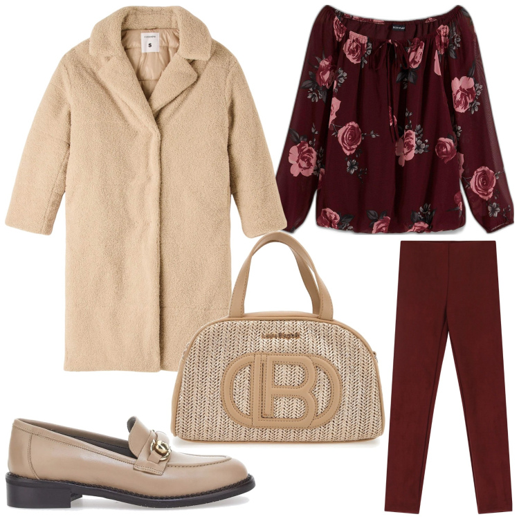 Outfit donna - Fiori marrone e beige. Stile Casual chic per Tutti i giorni. Abbinamento con bluse, cappotti, pantaloni, mocassini, borse a spalla.
