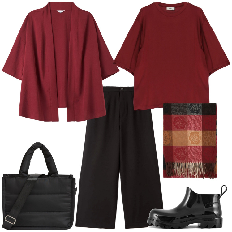 Outfit donna - Tonalità calde per gennaio curvy. Stile Minimal per Tutti i giorni. Abbinamento con shopping bag, pantaloni, kimono, foulard, maglieria, stivali.