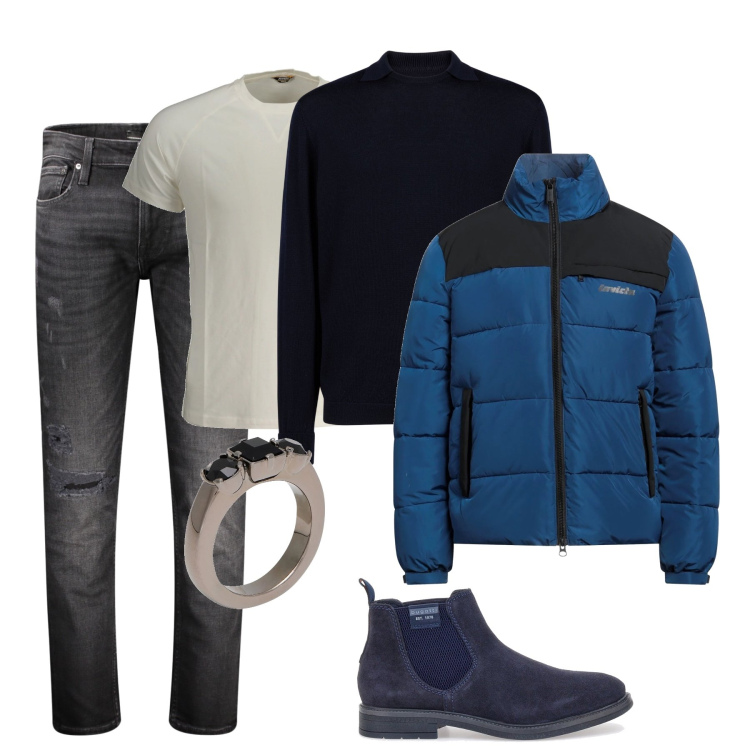 Outfit uomo - Total look. Stile Trendy per Tutti i giorni. Abbinamento con piumini, anelli, stivali e stivaletti, t-shirt, jeans strappati, maglieria.