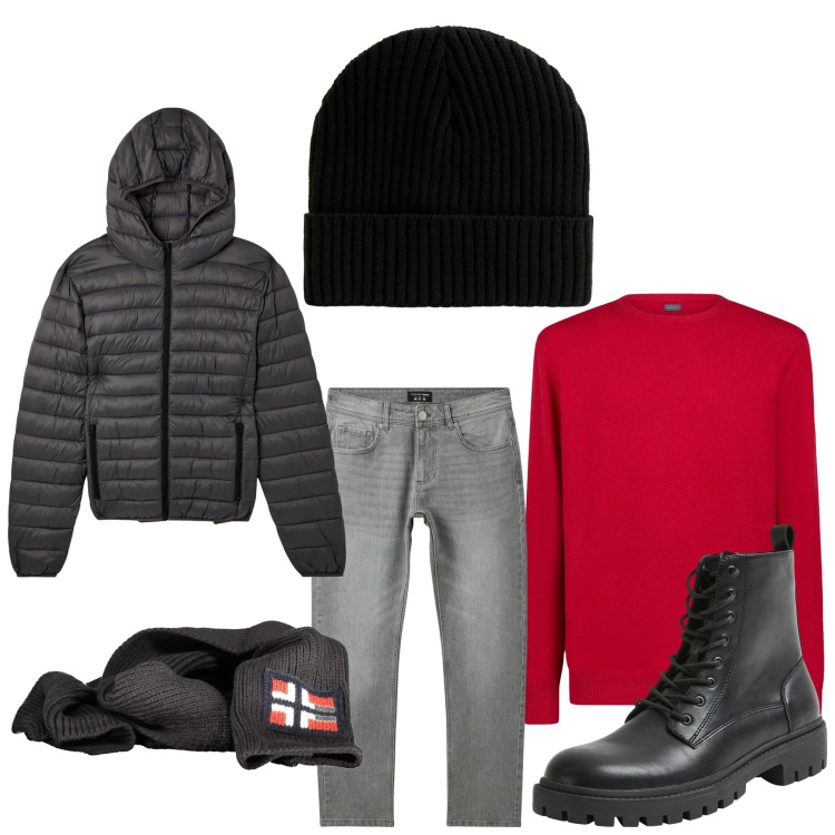 Outfit uomo - Nero+ rosso. Stile Casual per Tutti i giorni. Abbinamento con anfibi, jeans, giacche, berretti, maglieria, sciarpe.