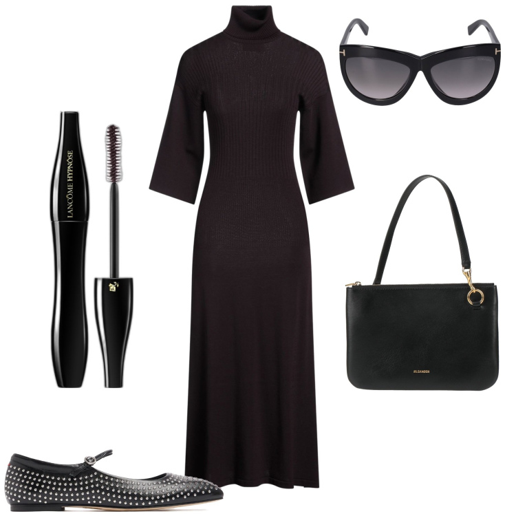 Outfit donna - Black. Stile Bon Ton per Ufficio. Abbinamento con vestiti midi/longuette, borse a mano, mascara, ballerine, occhiali da sole.
