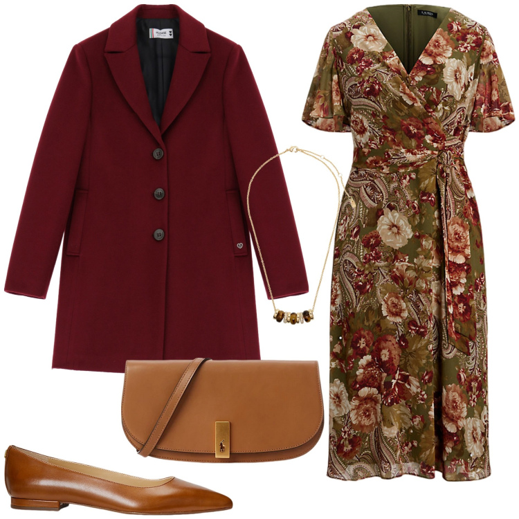 Outfit donna - Tonalità calde. Stile Romantica per Tutti i giorni. Abbinamento con cappotti, ballerine, collane, clutch, vestiti.