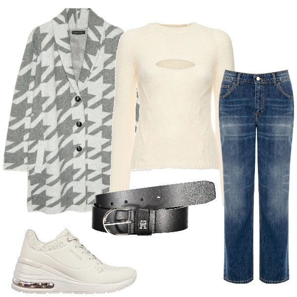 Outfit donna - Casual street. Stile Casual per Ufficio. Abbinamento con jeans, sneakers, maglieria, cardigans, cinture.