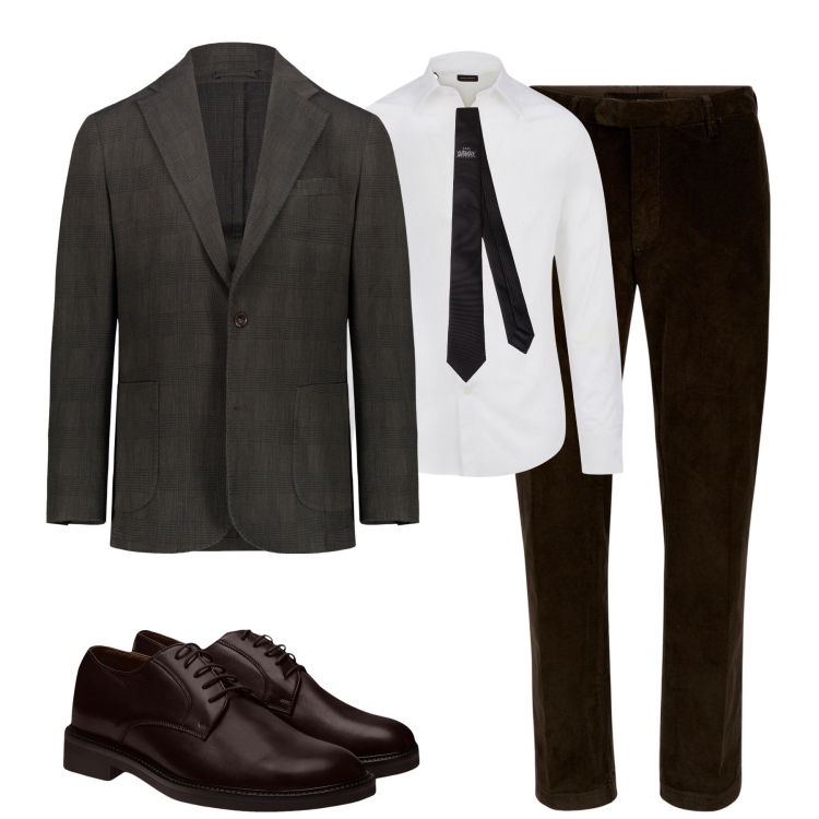 Outfit uomo - City. Stile Business/Elegante per Tutti i giorni. Abbinamento con cravatte, giacche, scarpe stringate, camicie, pantaloni.