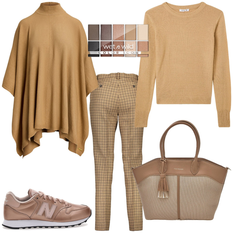 Outfit donna - Casual chic toni caldi a gennaio. Stile Casual chic per Tutti i giorni. Abbinamento con ombretti, maglieria, cappotti, sneakers, pantaloni, borse tote.