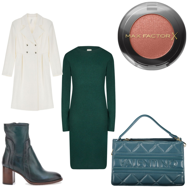 Outfit donna - Voglia di verde. Stile Casual chic per Tutti i giorni. Abbinamento con ombretti, cappotti, vestiti midi/longuette, stivaletti, borse a spalla.