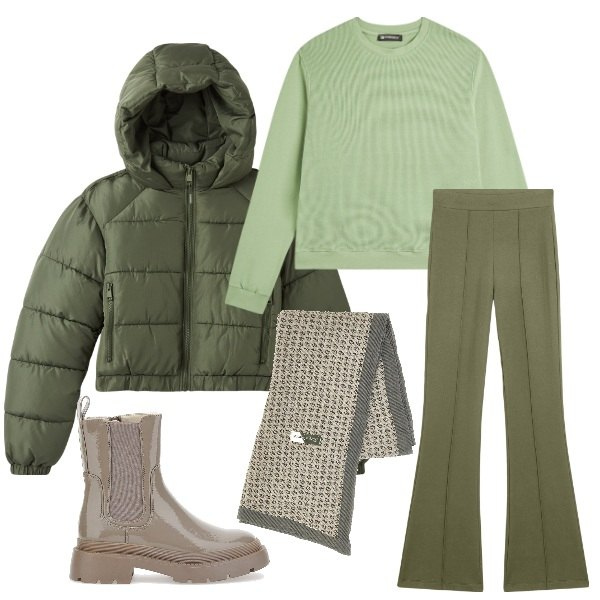 Outfit donna - Tonalita\' green. Stile Casual per Tutti i giorni. Abbinamento con blazer, pantaloni, felpe, anfibi, foulard.
