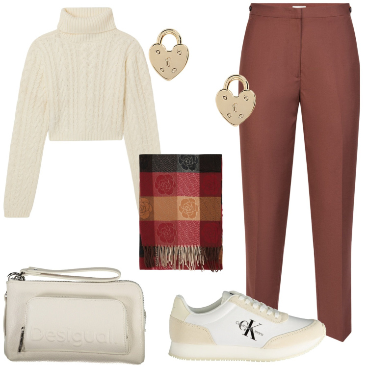 Outfit donna - Curvy with love. Stile Casual per Tutti i giorni. Abbinamento con maglieria, foulard, orecchini, pantaloni, sneakers, borse a tracolla.