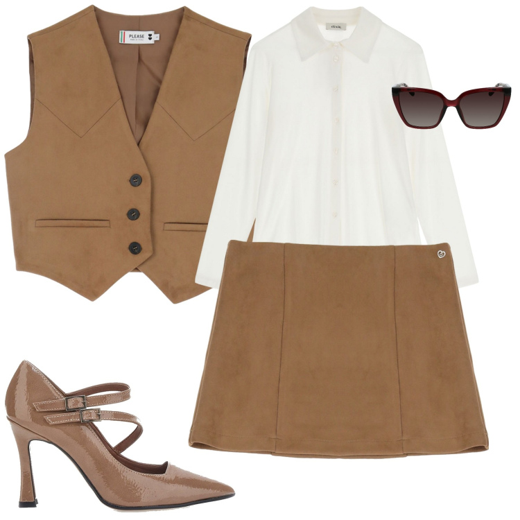 Outfit donna - Total look #2033023. Stile Trendy per Tutti i giorni. Abbinamento con minigonne, gilet, camicie, décolleté, occhiali da sole.