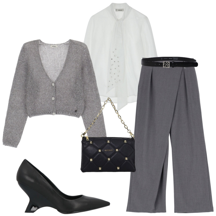 Outfit donna - A cena fuori. Stile Chic per Serata fuori. Abbinamento con décolleté, borse a spalla, cinture, bluse, pantaloni, cardigans.