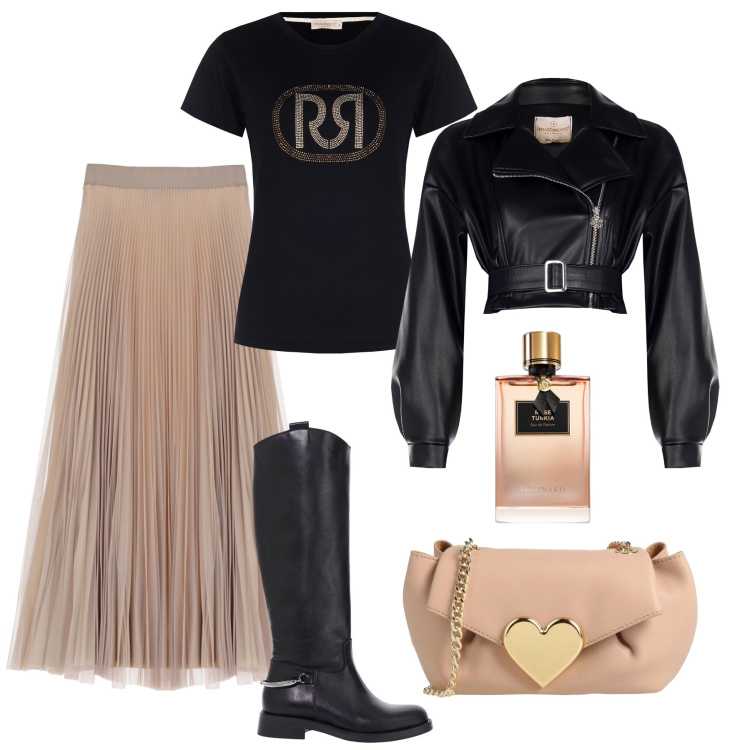 Outfit donna - Serata mix & match. Stile Trendy per Serata fuori. Abbinamento con borse a tracolla, profumi, t-shirt, giacche, gonne, stivali.