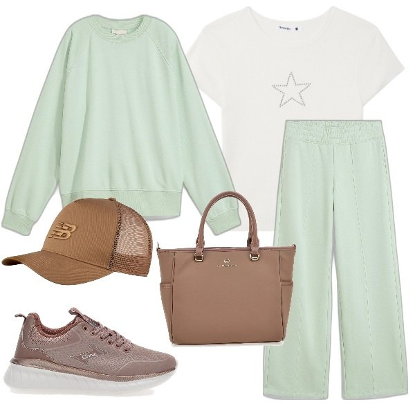 Outfit donna - Oggi fitness. Stile Casual per Tutti i giorni. Abbinamento con pantaloni, felpe, t-shirt, cappelli con visiera, sneakers, borse a tracolla.