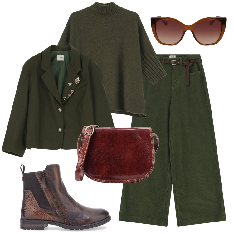 Outfit donna - Green city. Stile Urban per Tutti i giorni. Abbinamento con borse a tracolla, maglieria, pantaloni, blazer, stivaletti chelsea, occhiali da sole.