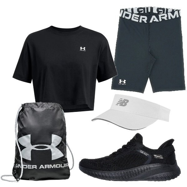 Outfit donna - Confort atletico. Stile Sporty chic per Sport. Abbinamento con cappelli con visiera, t-shirt, zaini, sneakers, pantaloni corti.