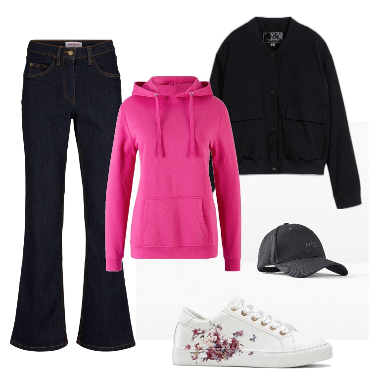 Outfit donna - Felpa fuxia. Stile Basic per Tutti i giorni. Abbinamento con jeans bootcut, felpe con cappuccio, sneakers, cappelli con visiera, bomber.