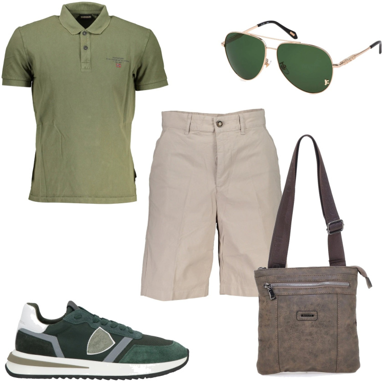Outfit uomo - Bermuda e polo per la giornata. Stile Urban per Tutti i giorni. Abbinamento con sneakers, portafogli, bermuda, occhiali da sole, polo.