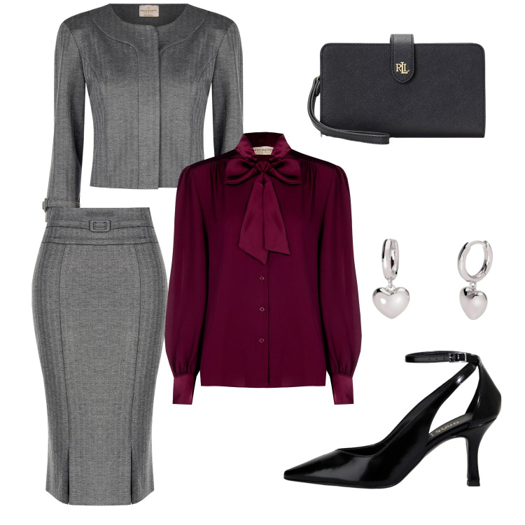 Outfit donna - Grigio e rosso. Stile Chic per Ufficio. Abbinamento con décolleté, orecchini, gonne lunghe, bluse, blazer, pochette.