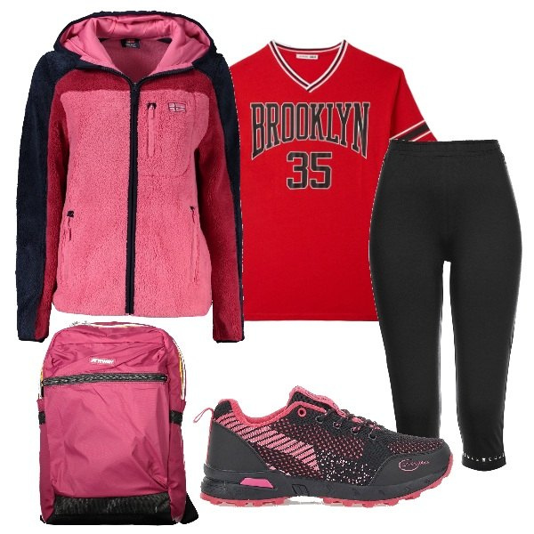 Outfit donna - Giornata trekking. Stile Sporty chic per Sport. Abbinamento con leggings, t-shirt, scarpe sportive, giacche sportive, zaini.