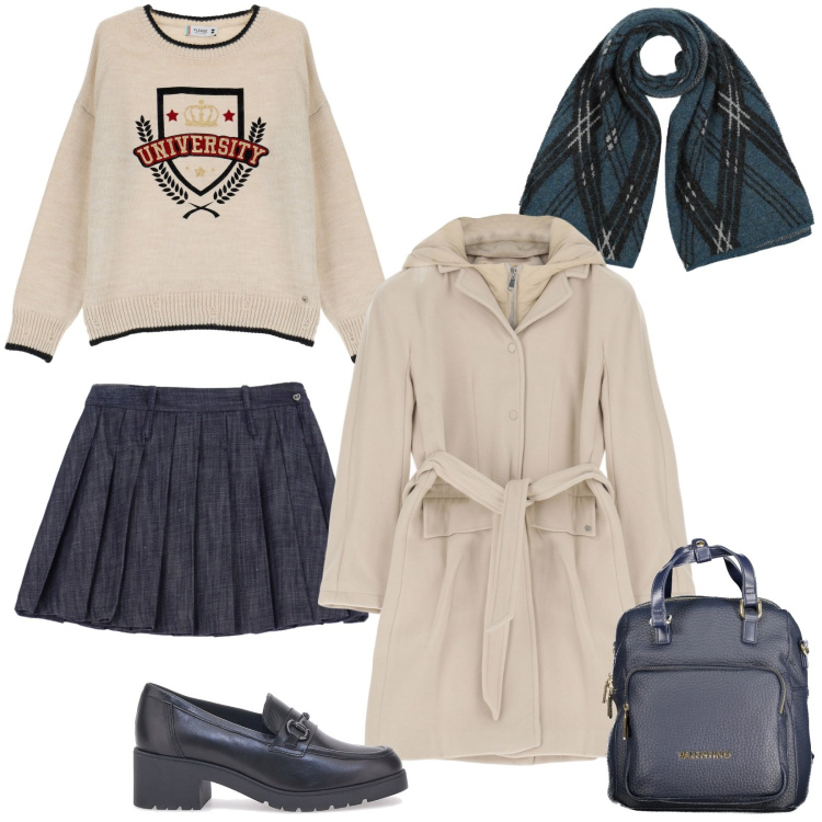 Outfit donna - Saldi Please: ritorno a scuola. Stile Preppy per Scuola/Università. Abbinamento con sciarpe, minigonne, cappotti, maglieria, mocassini, zaini.
