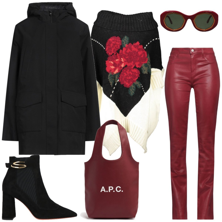 Outfit donna - In pelle. Stile Casual per Tutti i giorni. Abbinamento con parka, pantaloni, occhiali da sole, stivaletti, maglieria, shopping bag.