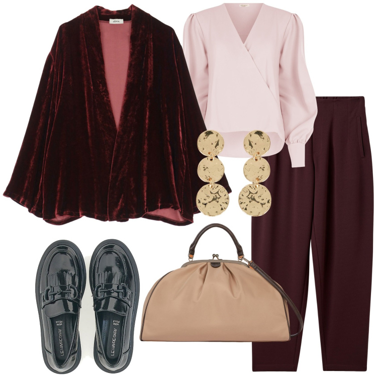 Outfit donna - La cappa in velluto. Stile Chic per Tutti i giorni. Abbinamento con pantaloni chino, bluse, blazer, mocassini, orecchini, borse a spalla.