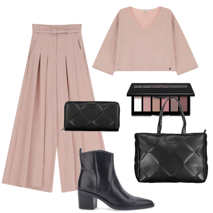 Outfit donna - Pronta per l’ufficio. Stile Glamour per Ufficio. Abbinamento con ombretti, pantaloni, maglieria, stivaletti, borse a spalla, portafogli.