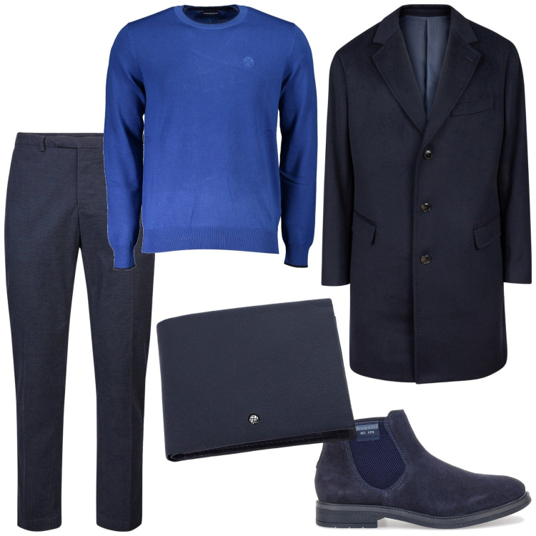 Outfit uomo - Il cappotto blu. Stile Business/Elegante per Ufficio. Abbinamento con portafogli, stivali e stivaletti, maglieria, pantaloni, cappotti.
