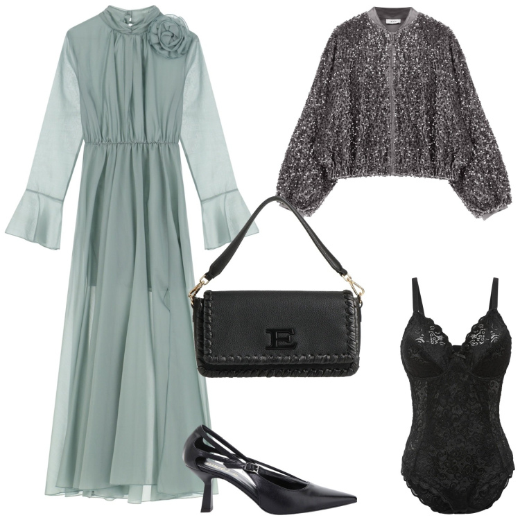 Outfit donna - Saldi Dixie: una serata fuori. Stile Glamour per Serata fuori. Abbinamento con body, borse a mano, vestiti lunghi, bomber, décolleté.