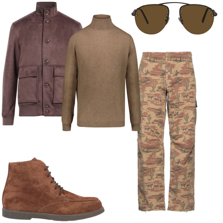 Outfit uomo - Militare trendy. Stile Trendy per Tutti i giorni. Abbinamento con stivali e stivaletti, pantaloni cargo, occhiali da sole, giacche, maglieria.