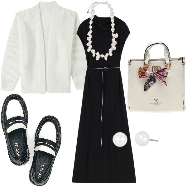 Outfit donna - Total look #2033115. Stile Casual chic per Serata fuori. Abbinamento con cardigans, orecchini, vestiti lunghi, mocassini, collane, borse a mano.