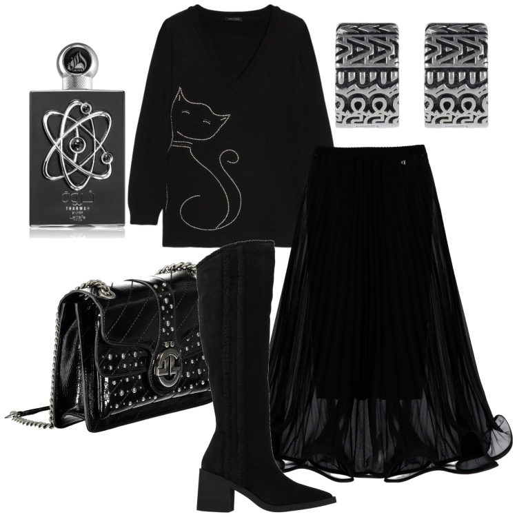 Outfit donna - Witch. Stile Rock per Serata fuori. Abbinamento con stivali, profumi, maglieria, gonne lunghe, orecchini, borse a tracolla.