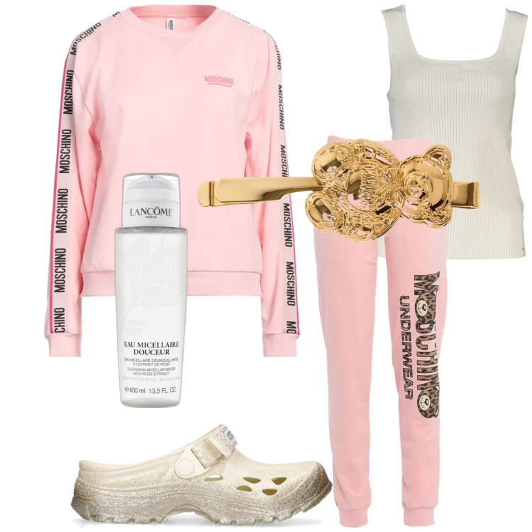 Outfit donna - Moschino notte. Stile Casual per Tutti i giorni. Abbinamento con pigiama, pigiama, mascara, accessori per capelli, canottiere, sandali.