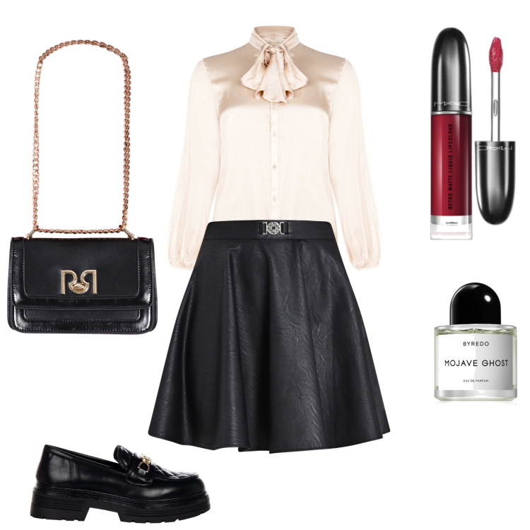Outfit donna - Quotidianità. Stile Casual chic per Ufficio. Abbinamento con profumi, rossetti, minigonne, camicie, mocassini, borse a tracolla.